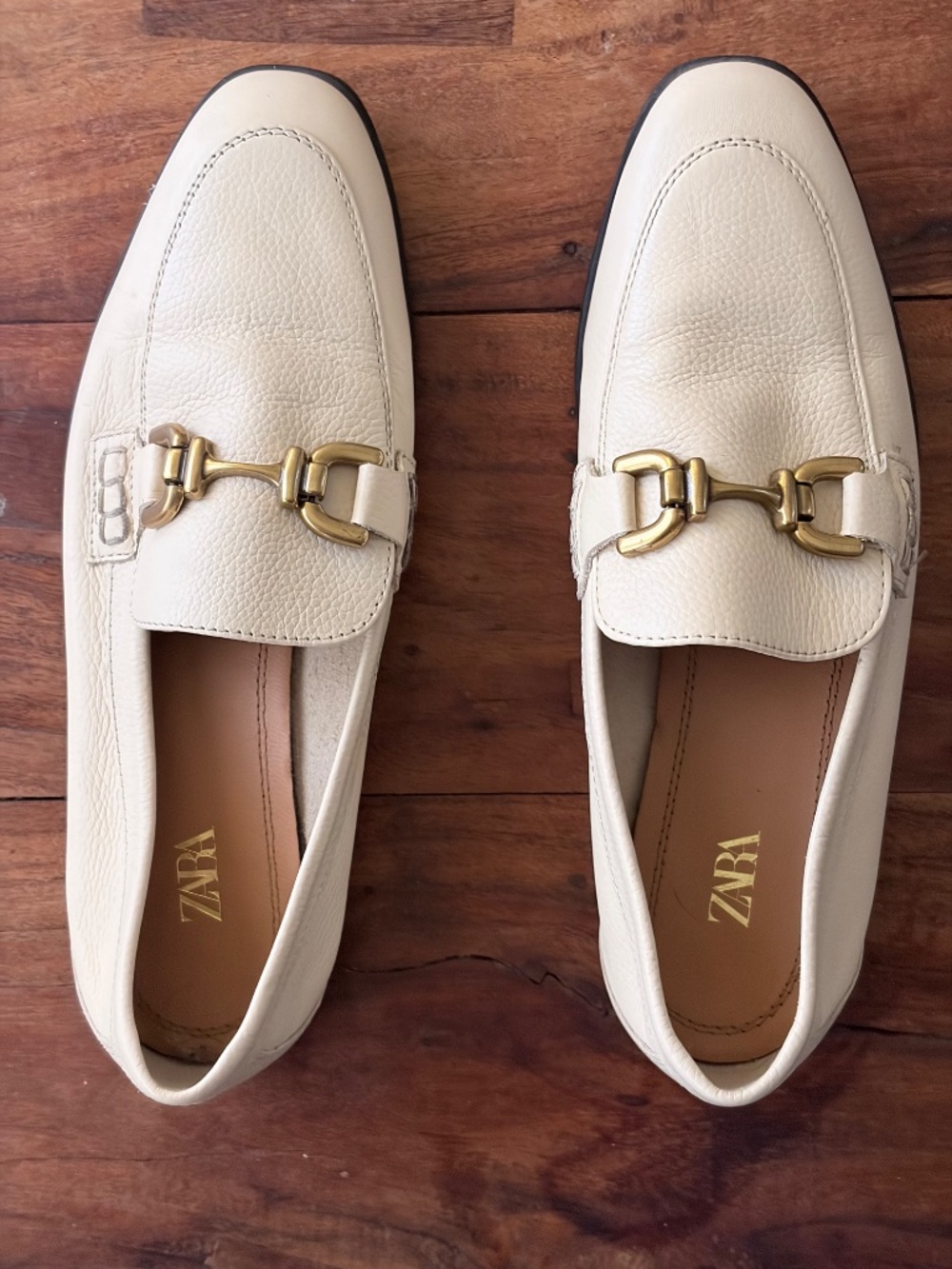 Zara Cream Loafers | Gold Horsebit Detail | Size 6.5